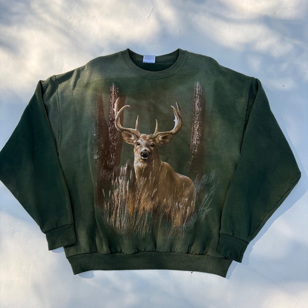 Vintage Jerzees Deer Graphic Sweatshirt XL Forest Green NuBlend Nature Pullover